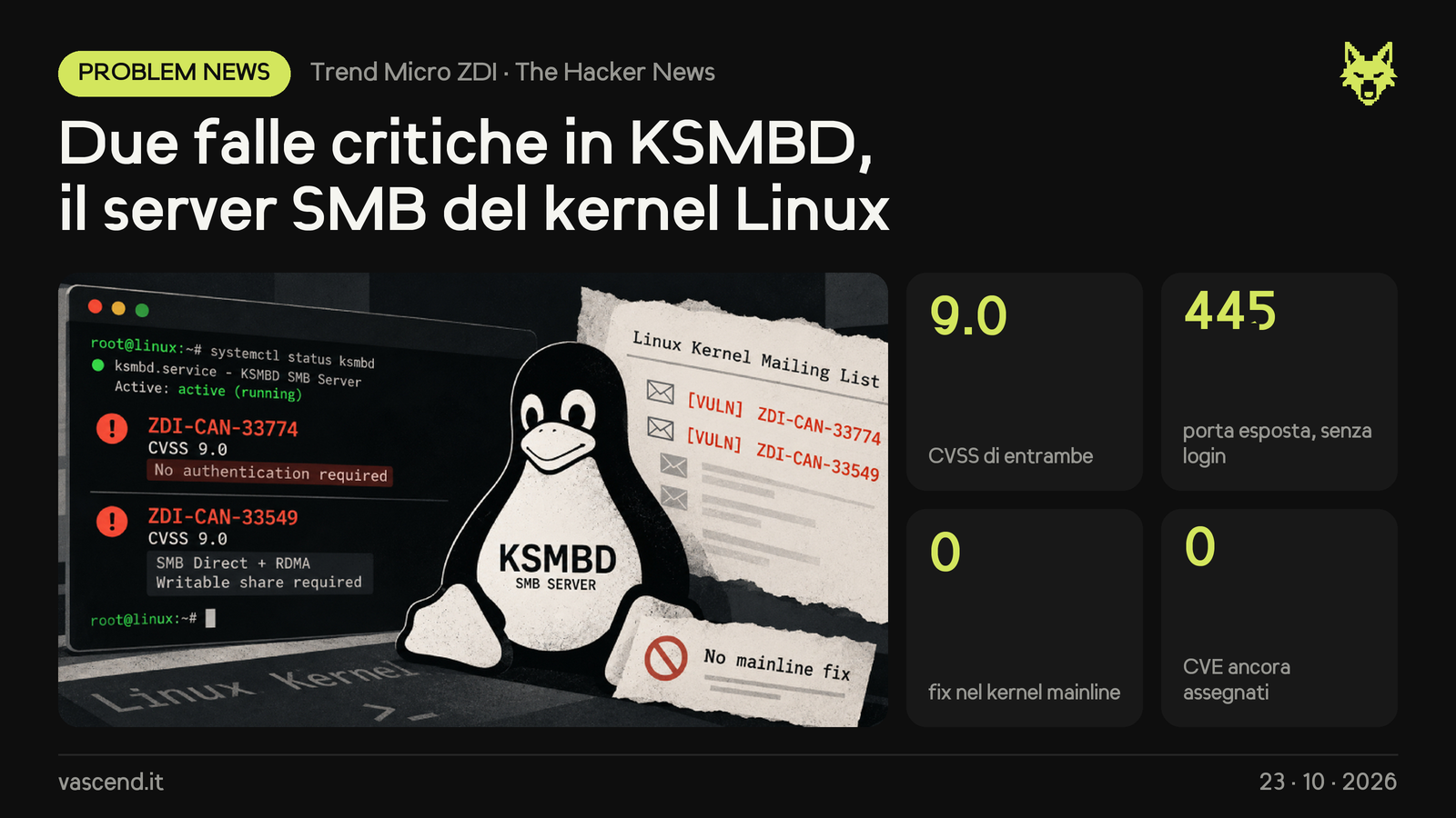 Due falle critiche in KSMBD, il server SMB del kernel Linux, pubblicate prima del fix